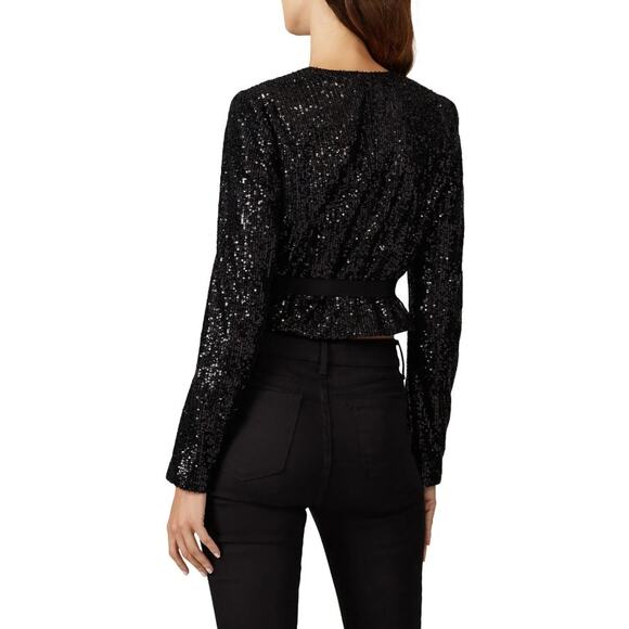 ML Monique Lhuillier Sequin Wrap Crop Top Long Sleeve V-Neck Black Womens Sz XS - Picture 2 of 6